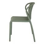 Side view of the muted green chair facing left, showing the slats bending from the back across the seat and down at the front edge.