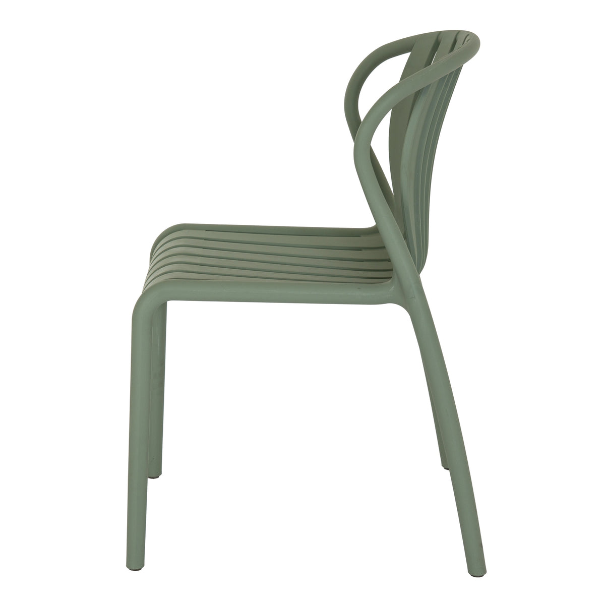 Side view of the muted green chair facing left, showing the slats bending from the back across the seat and down at the front edge.
