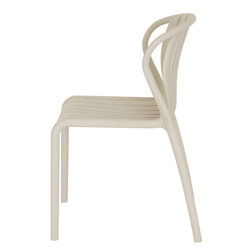 Side view of the putty dining chair, showing its curved back profile, slatted seat and angled rear legs.