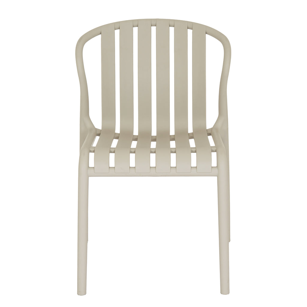 Front view of the putty dining chair with a rounded top frame and six broad slats separated by open gaps.
