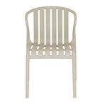 Front view of the putty dining chair with a rounded top frame and six broad slats separated by open gaps.