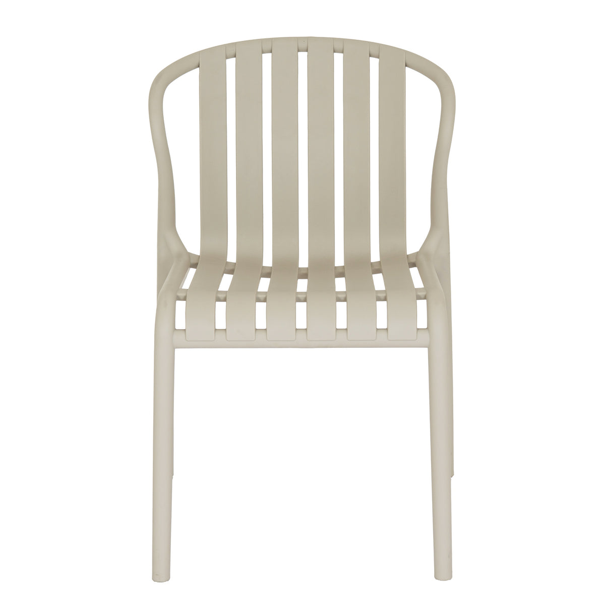 Front view of the putty dining chair with a rounded top frame and six broad slats separated by open gaps.