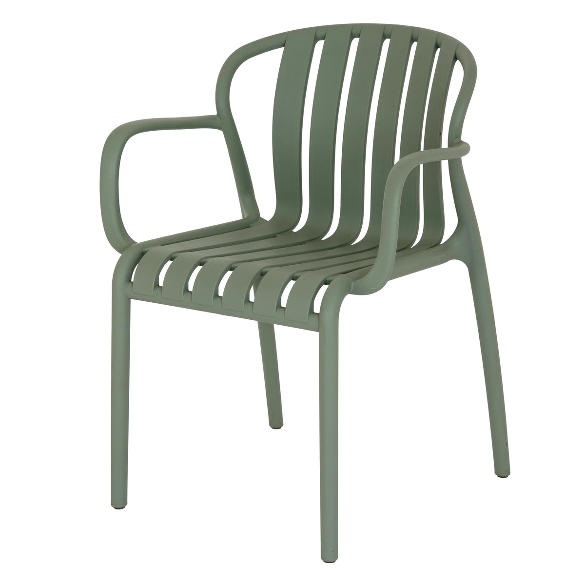 Three-quarter front view of a muted sage-green dining chair with open rounded arms, six curved slats and four legs.