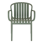 Front view of the greenish-grey dining chair, showing six broad slats, the arched back outline and matching open arms.