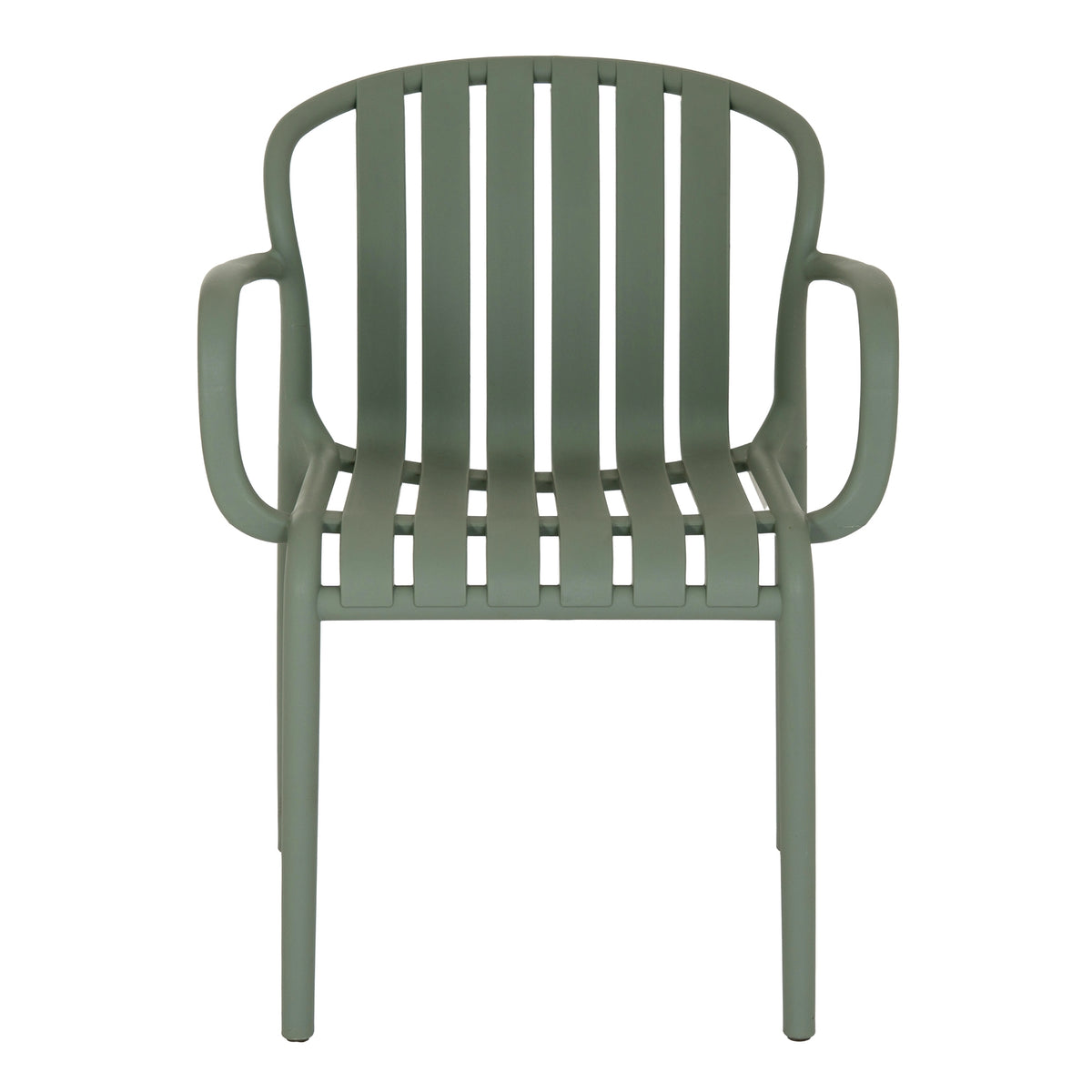 Front view of the greenish-grey dining chair, showing six broad slats, the arched back outline and matching open arms.
