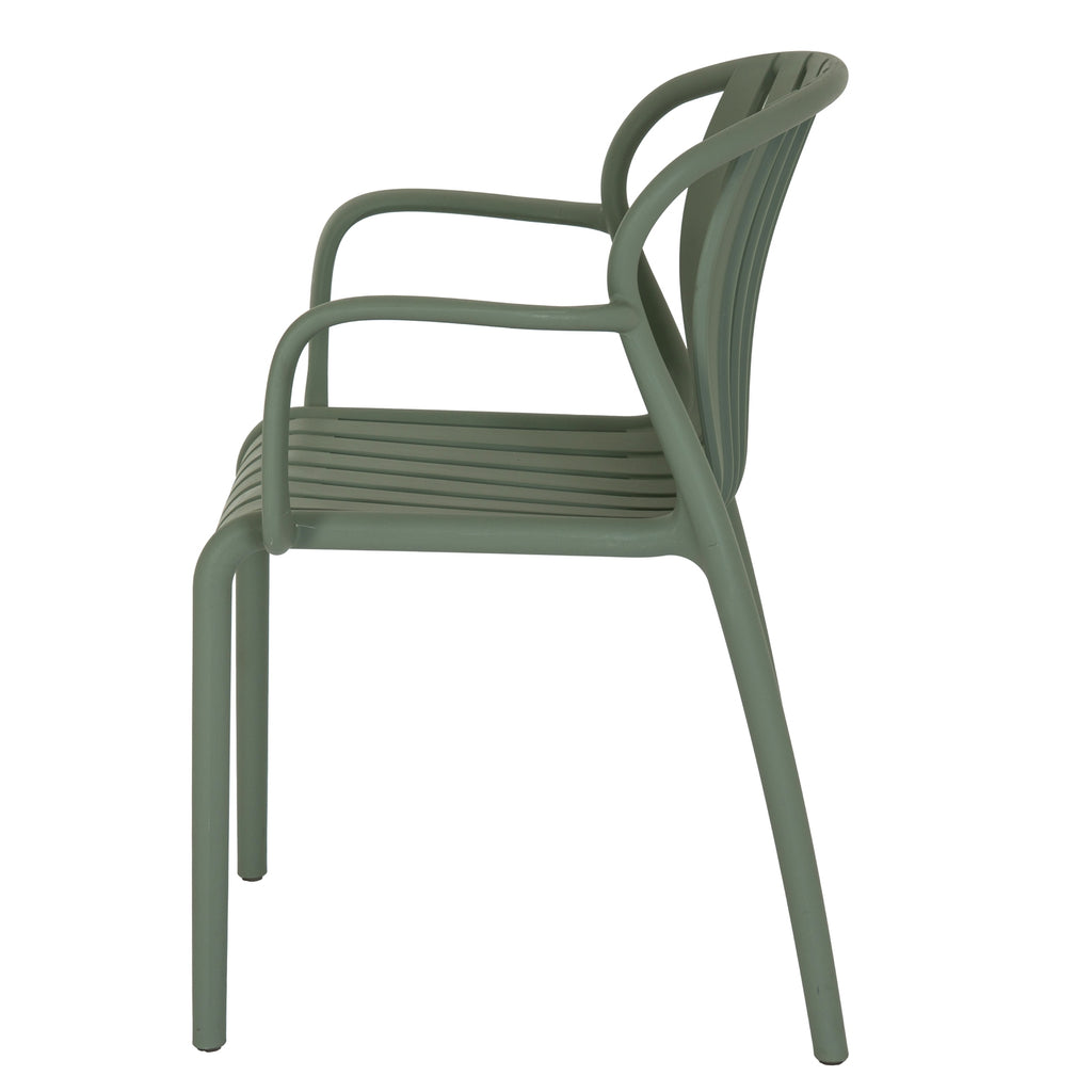 Side view of the muted green dining chair, showing the curved back profile, slatted seat and rounded arm extending towards the front leg.