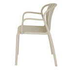 Side view of the putty dining chair showing the slats sweeping from the back into the seat and the rounded outline of the arms.