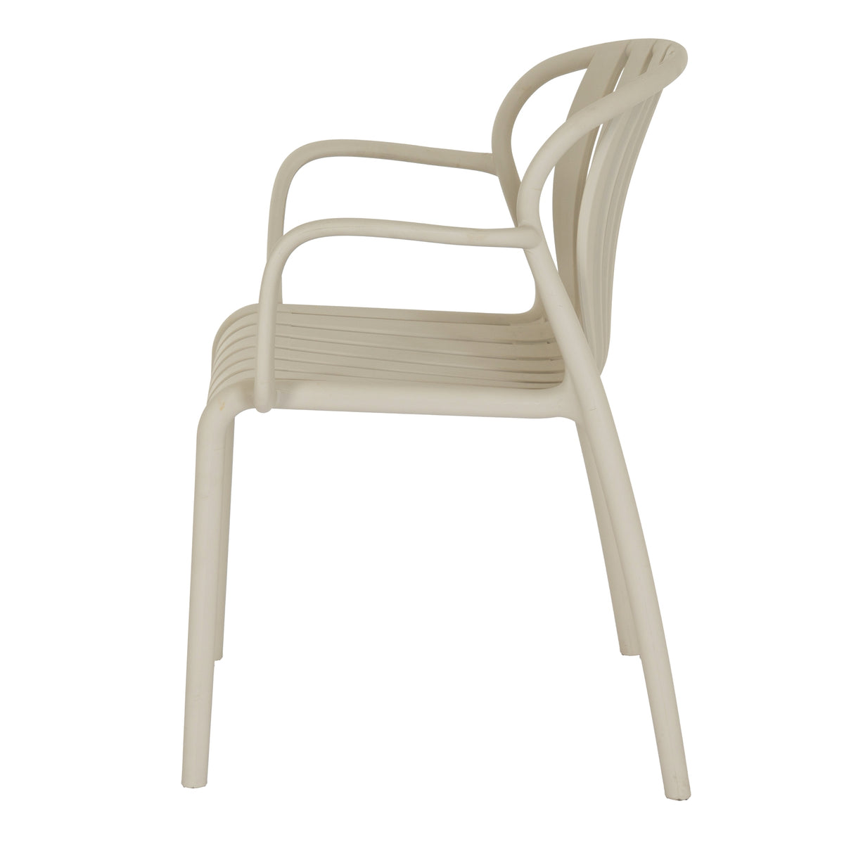 Side view of the putty dining chair showing the slats sweeping from the back into the seat and the rounded outline of the arms.