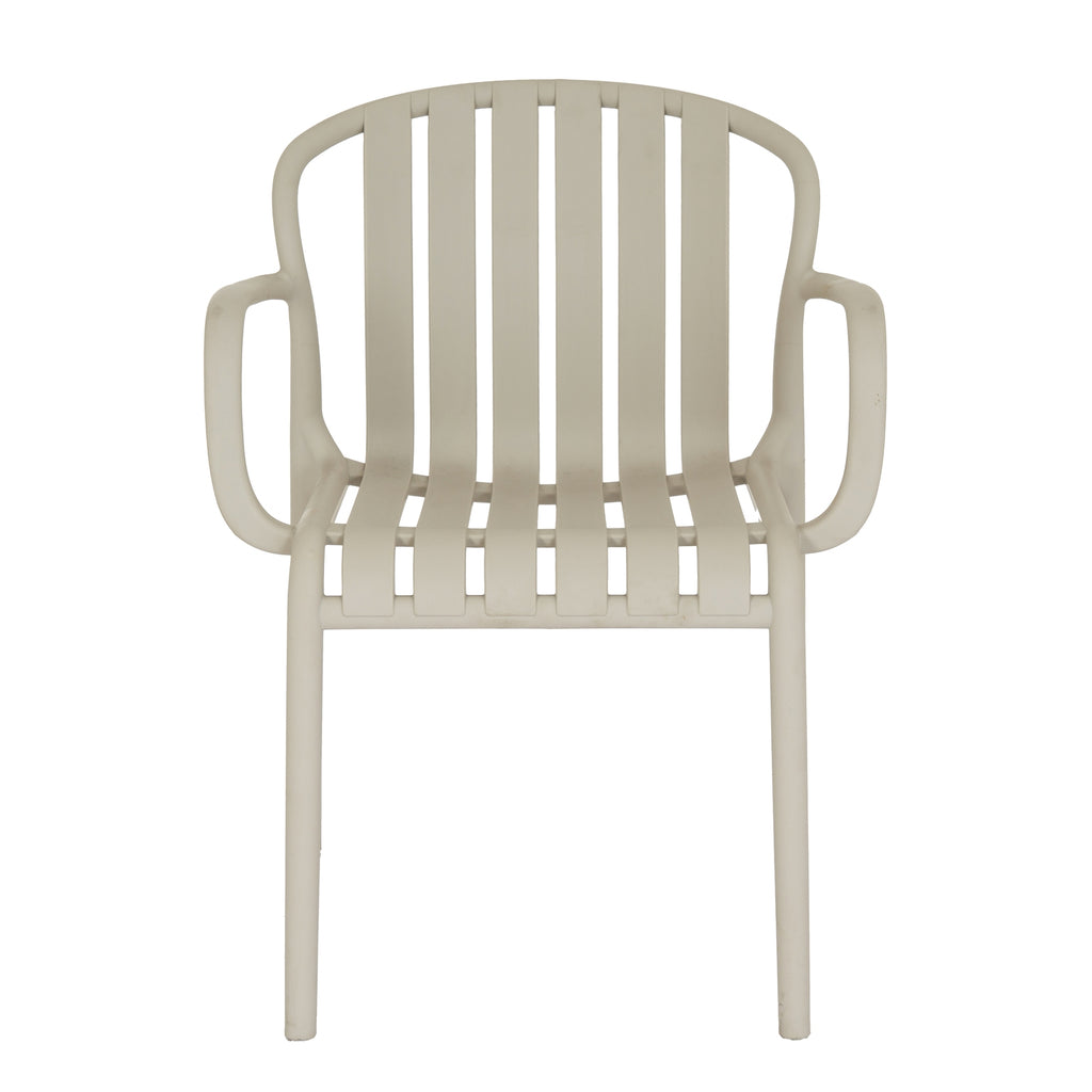 Front view of the putty dining chair showing six broad slats, narrow gaps through the back and seat, and open arms on either side.