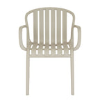 Front view of the putty dining chair showing six broad slats, narrow gaps through the back and seat, and open arms on either side.