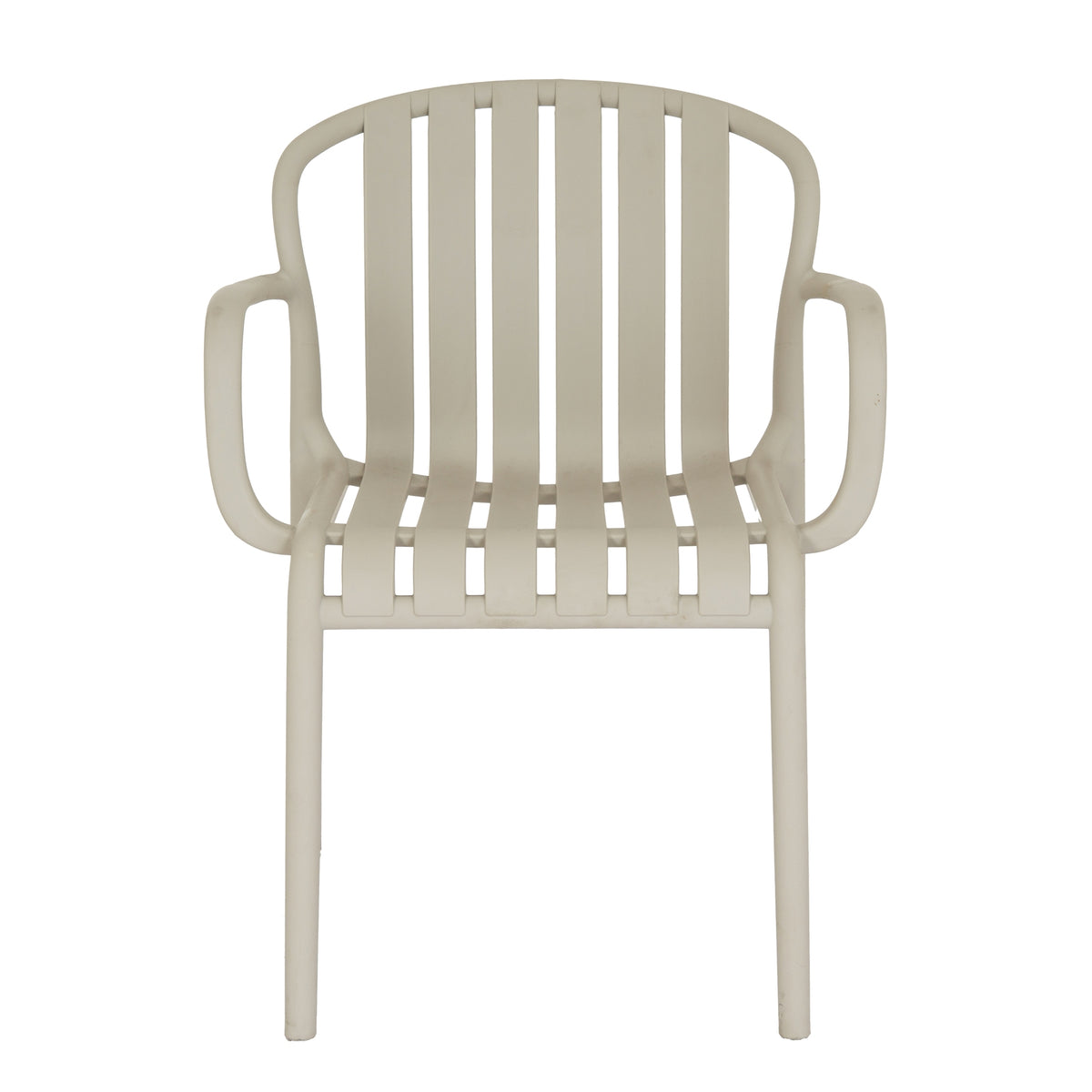 Front view of the putty dining chair showing six broad slats, narrow gaps through the back and seat, and open arms on either side.
