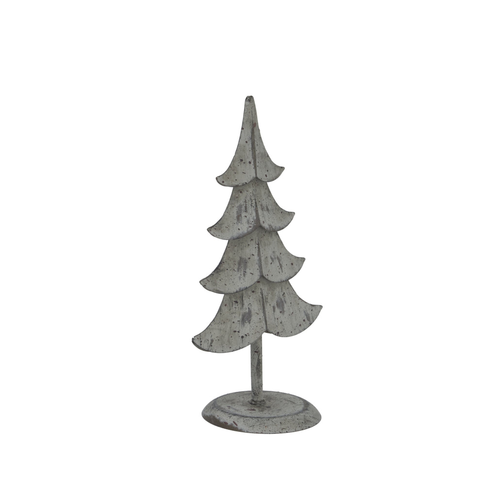 Angled view of the mottled grey tree decoration showing the depth of its upturned tiers and the raised rim of its oval foot.
