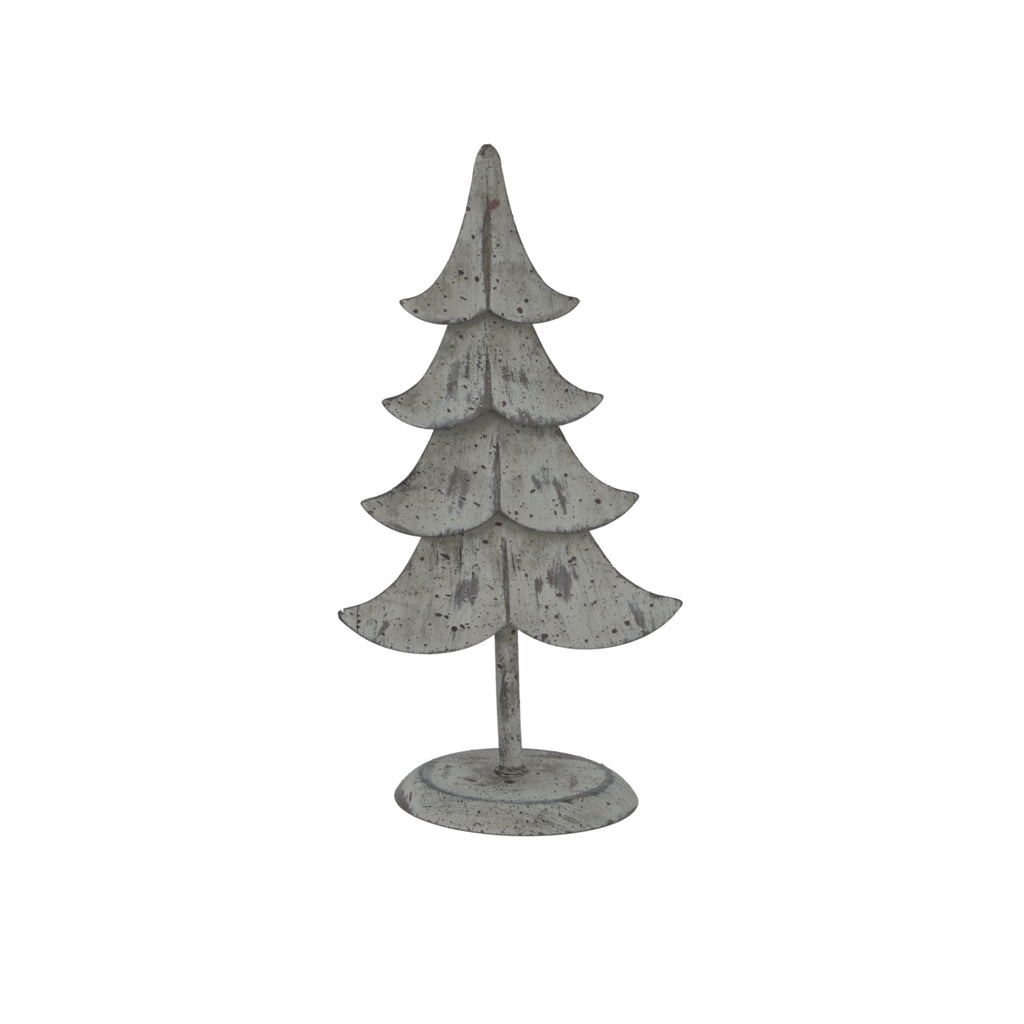 Front view of a grey standing tree decoration with four curved tiers, dark surface flecks, a slim trunk and an oval base.