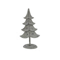 Front view of a grey standing tree decoration with four curved tiers, dark surface flecks, a slim trunk and an oval base.