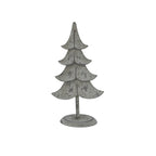 Front view of a grey standing tree decoration with four curved tiers, dark surface flecks, a slim trunk and an oval base.