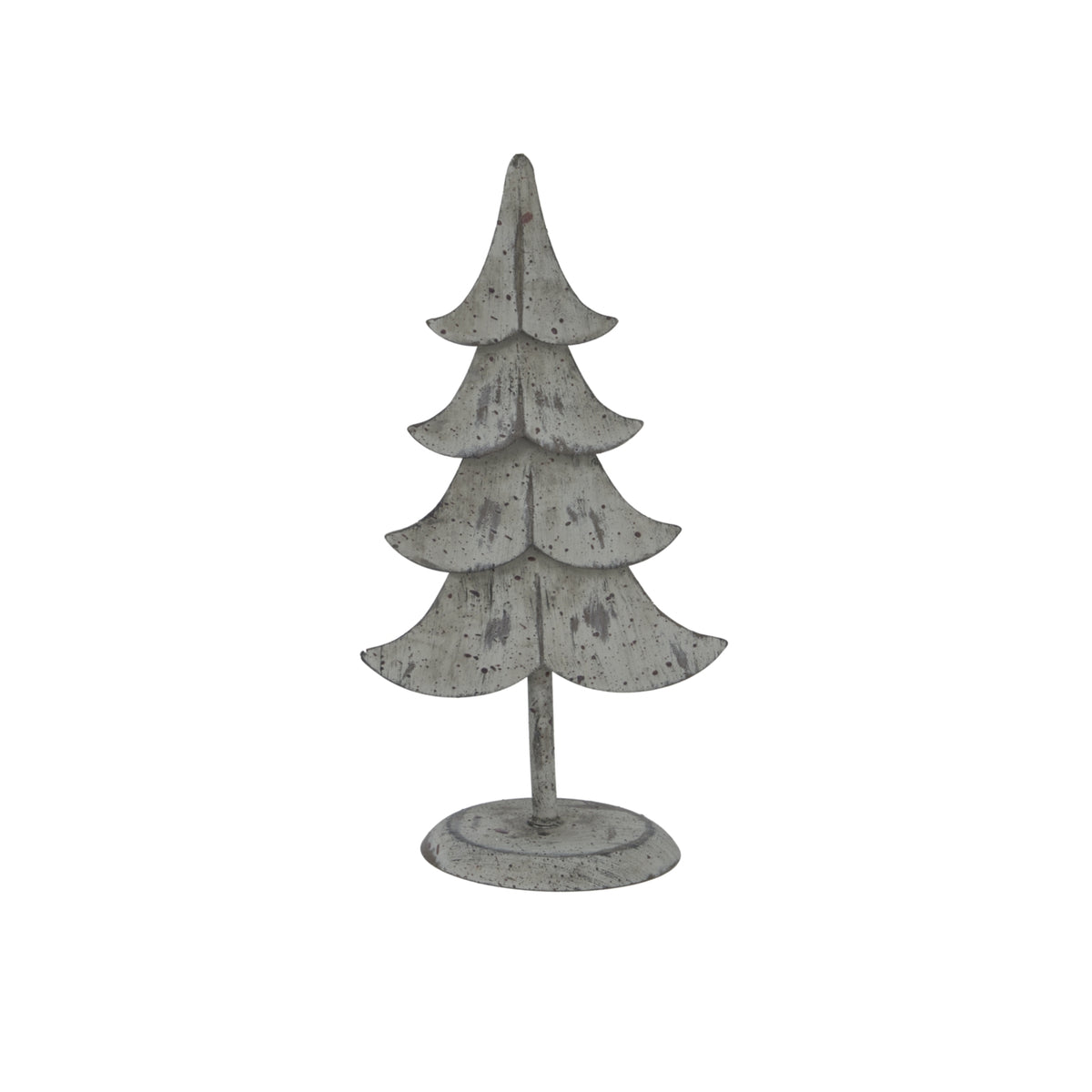 Front view of a grey standing tree decoration with four curved tiers, dark surface flecks, a slim trunk and an oval base.
