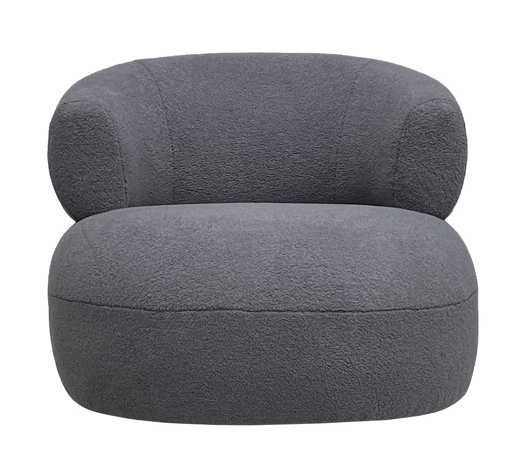 Front view of a grey bouclé tub armchair with a broad rounded seat and curved back.