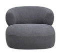 Front view of a grey bouclé tub armchair with a broad rounded seat and curved back.