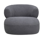 Front view of a grey bouclé tub armchair with a broad rounded seat and curved back.