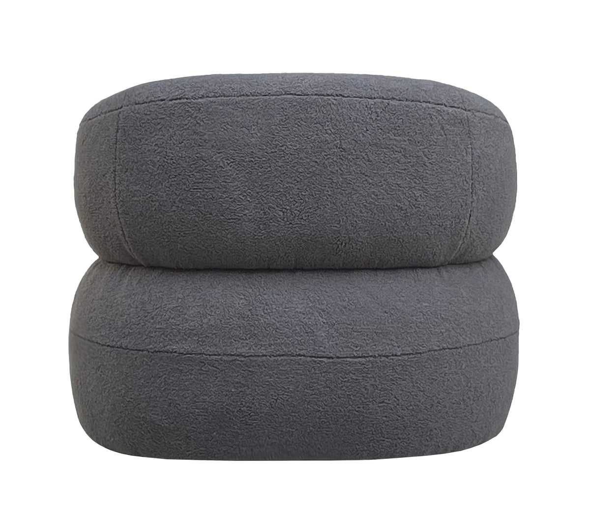 Rear view of the grey bouclé armchair with a rounded upholstered back and visible panel seams.