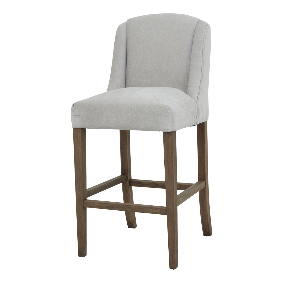 Front three-quarter view of a pale grey bar stool with a curved winged back, brown legs and rectangular lower rails.