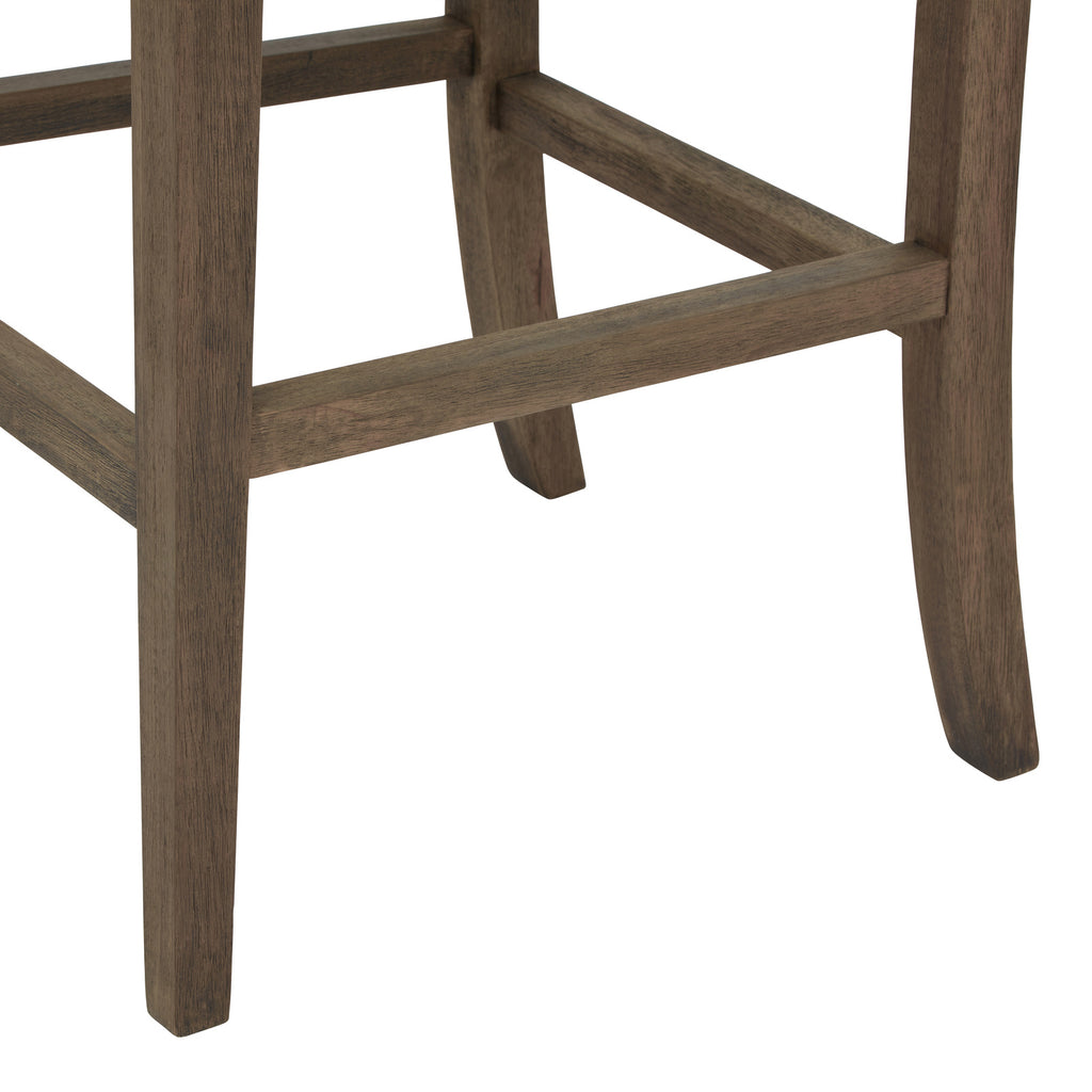 Close-up of the stool's brown grain-patterned legs and rectangular stretchers, showing the gently curved rear legs.