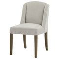 Front three-quarter view of a pale grey dining chair with curved side wings, a rounded seat and four brown legs on a white background.