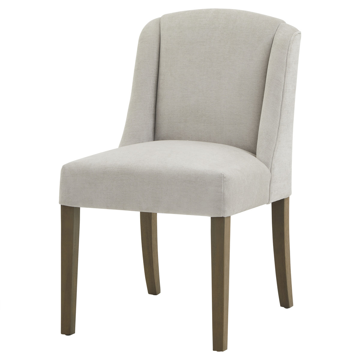Front three-quarter view of a pale grey dining chair with curved side wings, a rounded seat and four brown legs on a white background.