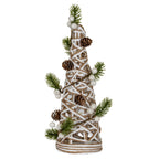 Tree-shaped decoration with a curved tip, white and tan open lattice, green pine sprays, brown pinecones and glittery white berries on a banded round foot.