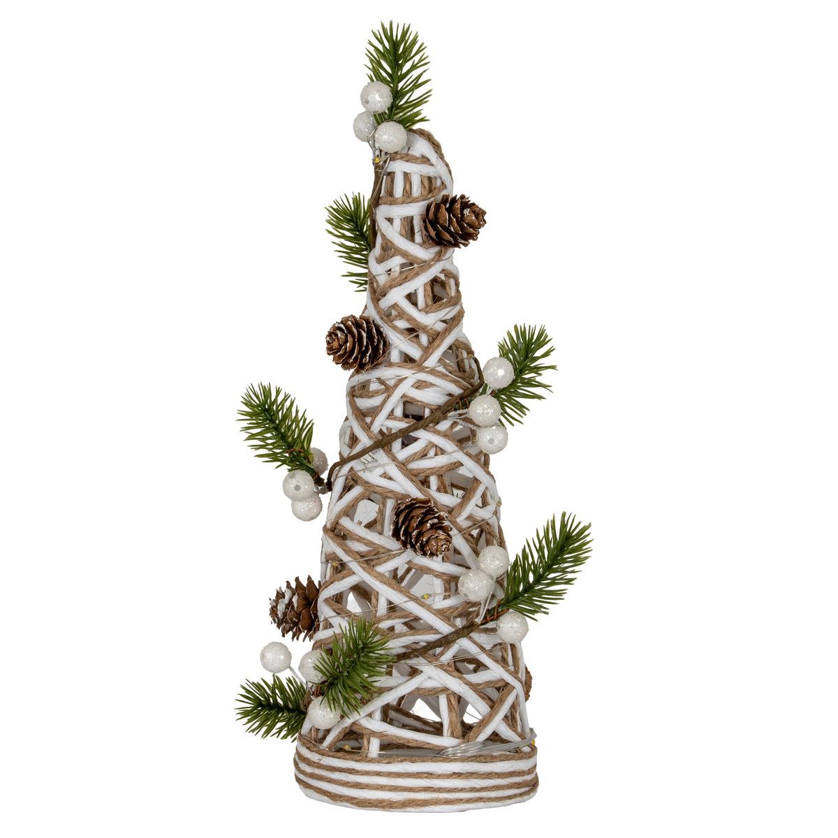 Tree-shaped decoration with a curved tip, white and tan open lattice, green pine sprays, brown pinecones and glittery white berries on a banded round foot.