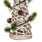 Close-up of the lower lattice and banded foot, showing white-edged pinecones, green pine sprays, glittery white berries and fine clear wire with small yellow LED nodes.