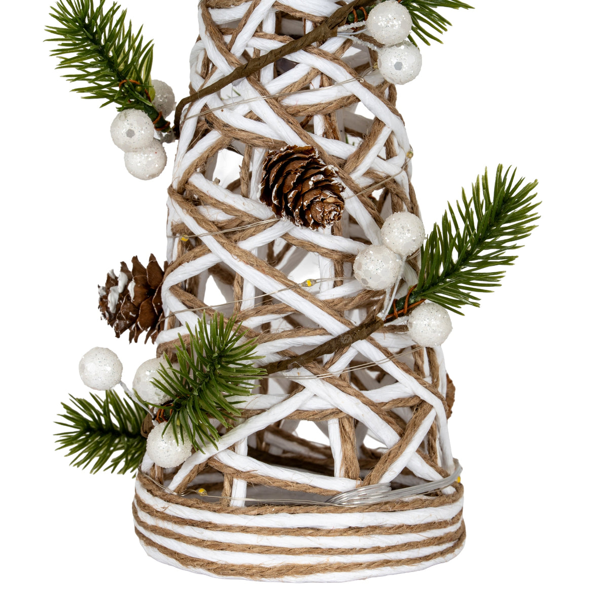 Close-up of the lower lattice and banded foot, showing white-edged pinecones, green pine sprays, glittery white berries and fine clear wire with small yellow LED nodes.