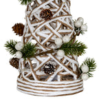 Close-up of the tree's lower lattice and banded foot, showing pinecones, glittery white berries, green pine sprays and fine wire with small LED nodes.