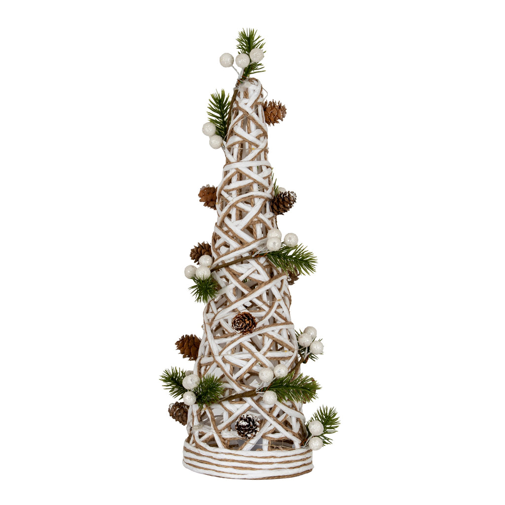 Full view of a curved-tip cone tree decoration with white and tan lattice, green pine sprays, brown pinecones and glittery white berries.