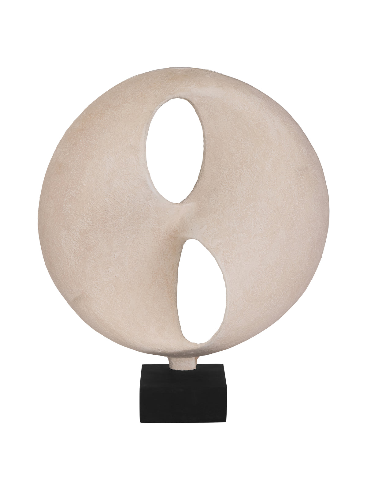 Front view of a rounded cream sculpture with two irregular oval openings on a black rectangular base.
