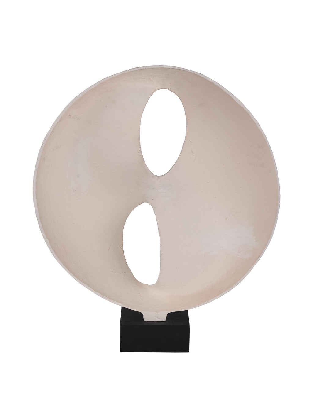 Rear view of the cream sculpture with two organic openings and a recessed surface on a black base.