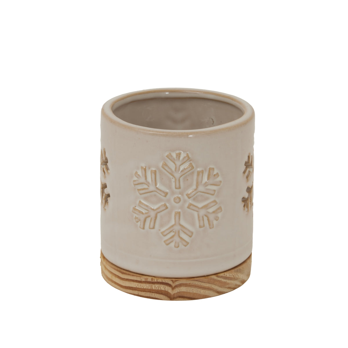 Cream cylindrical candle holder with a snowflake motif facing forward and a round grain-patterned base.