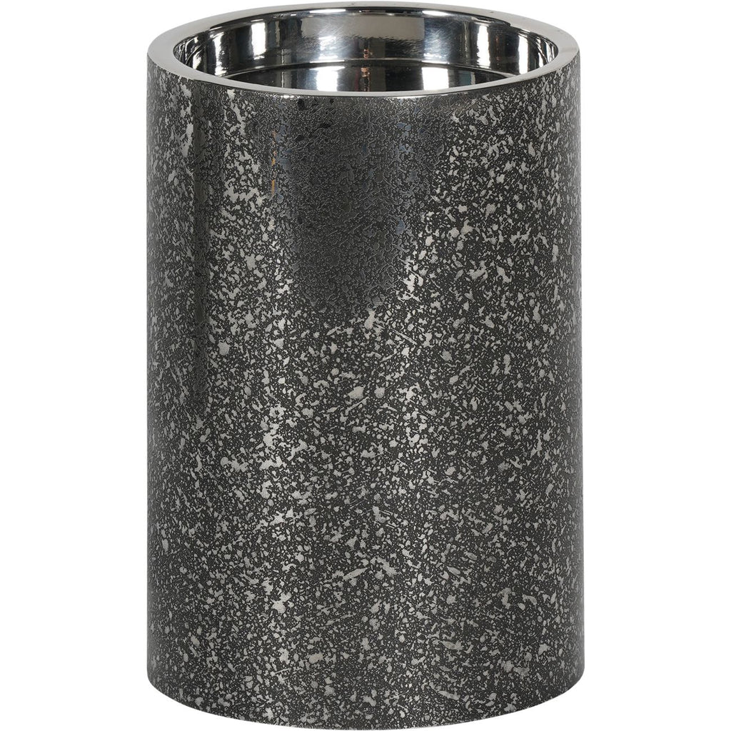 Cylindrical silver candle holder with a dark etched exterior and polished circular rim on a white background.