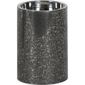 Cylindrical silver candle holder with a dark etched exterior and polished circular rim on a white background.