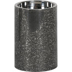 Cylindrical silver candle holder with a dark etched exterior and polished circular rim on a white background.
