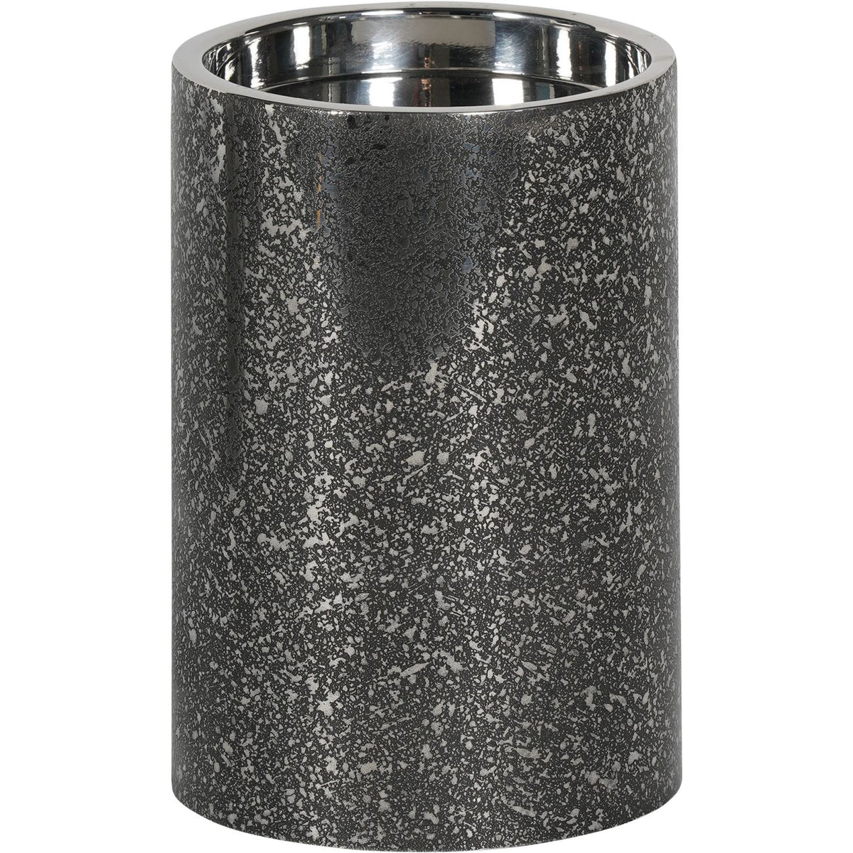 Cylindrical silver candle holder with a dark etched exterior and polished circular rim on a white background.