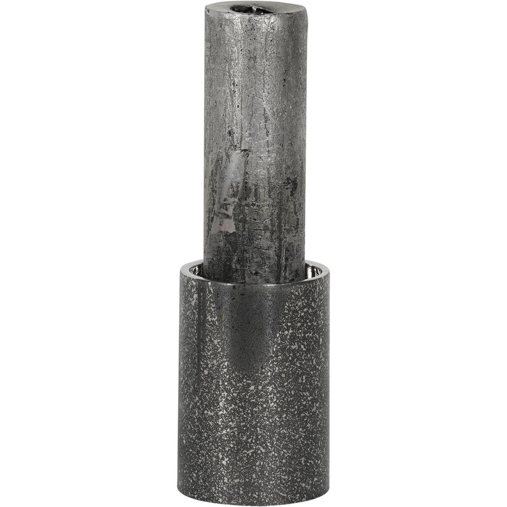 Textured cylindrical silver holder shown with a tall silver pillar candle on a white background.