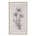 Front view of tall framed botanical artwork showing three daisy-like flowers, a bud and narrow leaves in black on pale blush-cream, with a pale surround and golden-brown frame.