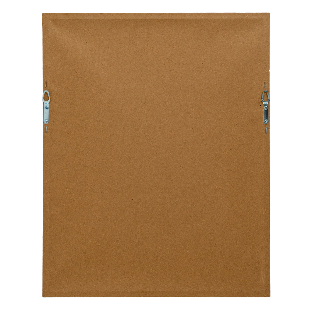 Rear view of the framed print showing a plain brown backing panel and two metal hanging brackets, one on each side.