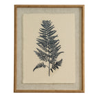 Front view of a portrait fern print, with a single dark frond on a pale ground inside a broad textured surround and tan-gold beaded frame.