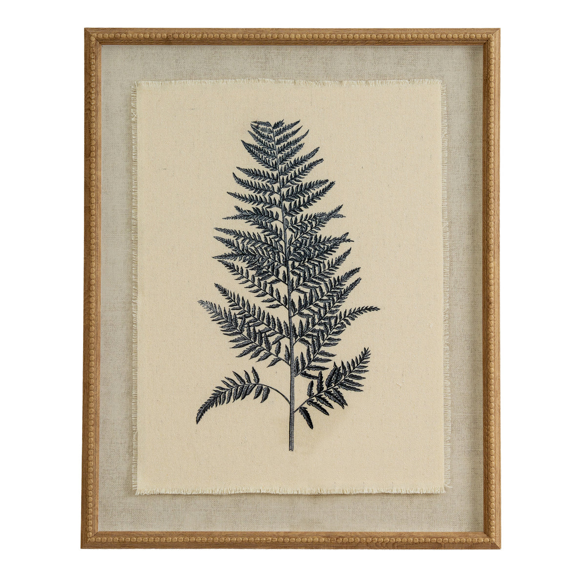 Front view of a portrait fern print, with a single dark frond on a pale ground inside a broad textured surround and tan-gold beaded frame.
