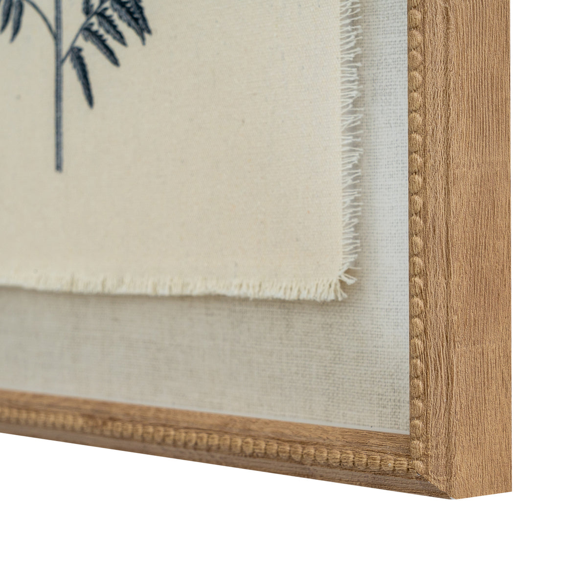 Close-up of the print's lower right corner showing its fringed pale edge, woven-looking surround and fine beading on the warm tan-gold frame.