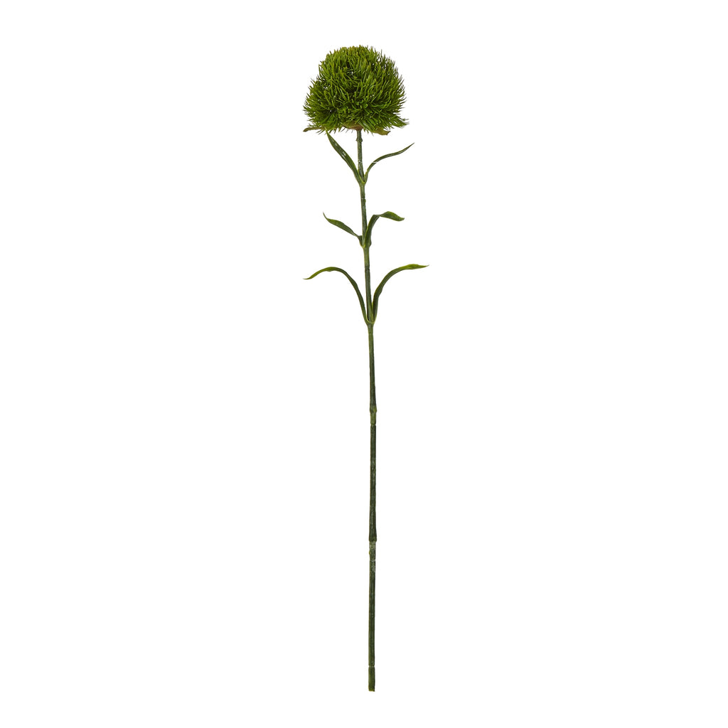 Full dark green artificial dianthus stem with a rounded flower head and pairs of narrow leaves against white.