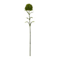 Full dark green artificial dianthus stem with a rounded flower head and pairs of narrow leaves against white.