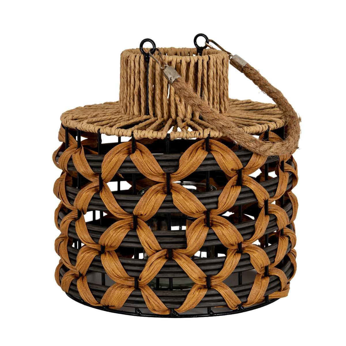 Round lantern on a white background, with tan looped bands crossing dark hoops, a pale cord-covered shoulder, raised neck and coarse handle draped to one side.